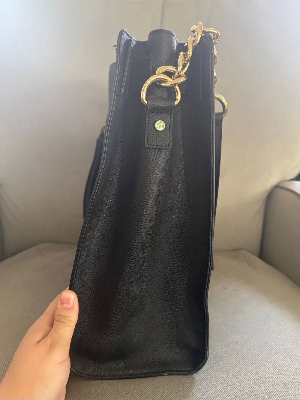 Michael Kors Black Leather Tote with Gold Chain Accents